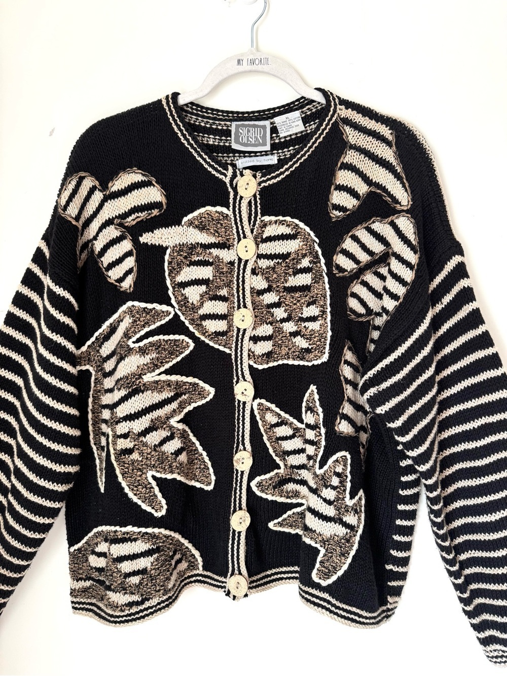 Sigrid Olsen Vintage hand knitted button cardigan sweater stripes XL